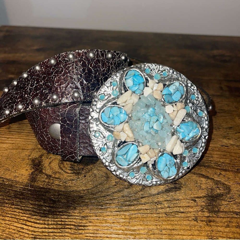 Leatherwork Brown Leather Studded Belt Large Buckle Embellished Turquoise 34